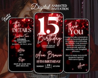 15th digital invitation, Red glitter 15th invite, Fifteen mobile evite, Editable party invite, invitation template, 15th party invitation