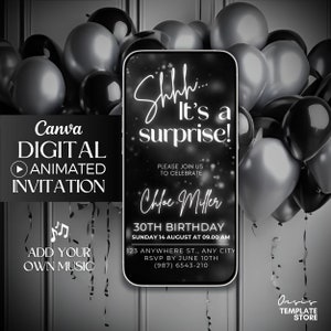 Shhh It's a Surprise Birthday video Invitation, Silver Glitter Digital Invitation, editable invite, Surprise digital invitation template
