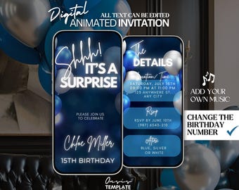 Surprise Birthday Invitation, Blue and silver video Invitation, Navy blue Surprise digital invitation, Surprise animated invitation template