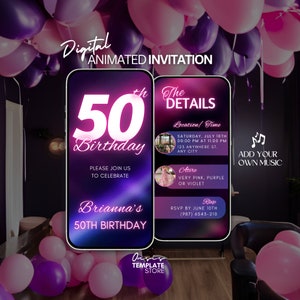 fifty 50th Birthday Invitation, 50th Pink Neon Digital Invitation, 50th video invite, 50th invitation template, 50th Birthday Party evite