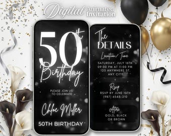 Animated 50th Birthday Invite, Editable Canva Template, Black Silver Glitter, Digital Download, Elegant Milestone Party Invitation