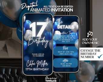 Digital 17th Birthday Invitation, 17th Blue and silver video Invite, 17th Navy blue party invitation, message text invite, editable template