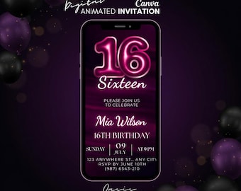 Digital Invitation Sixteenth Birthday, Glamorous Plum Hibiscus Floral, Animated Video Card, Editable Template, Smartphone Invite for Girls