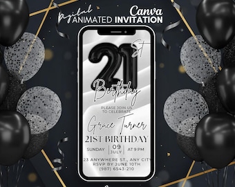 21st Birthday Invitation Phone, Animated Silver and Black Birthday Invite, Electronic Milestone Party Invitation, Editable Canva Template