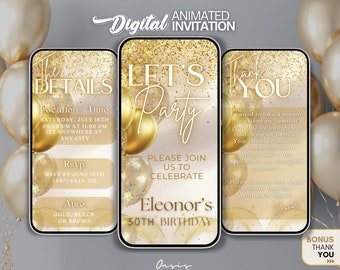 Let's Party invitation, Birthday Party video Invite, Gold Glitter Digital Invite, message text evite, canva party template, Elegant evite