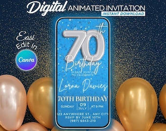 70th Birthday Invitation for Women, Blue and Silver Video Invite, Sparkle Glitter Diamonds Phone Invitation, Editable Canva Template