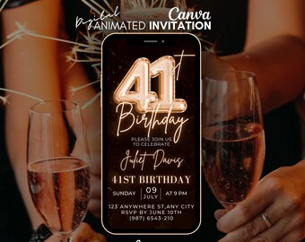 May include: A digital invitation for a 41st birthday party. The invitation is designed to look like a smartphone screen with a gold balloon number 41 and the text "41st Birthday" in a script font. The invitation includes the date, time, and location of the party, as well as the name of the birthday person, Juliet Davis.