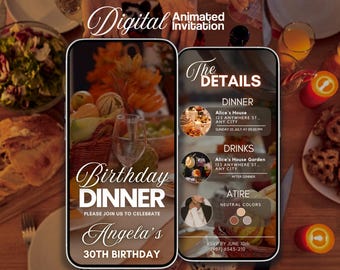 Digital inbjudan till födelsedagsmiddag, inbjudan till middagsfest, digital inbjudan till fest, middagsinbjudan, röd digital inbjudan