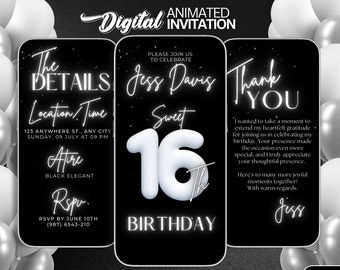 Sweet 16th Birthday Digital video Invitation, Elegant Black and White Balloon Invitation Template, Message text evite, 16th Party invitation