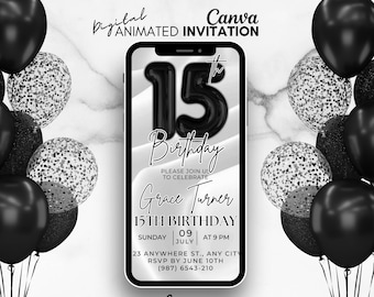Digital 15th Birthday Invitation, Black balloons Invitation, Mobile Party invitation, 15th editable birthday template, 15th invitation