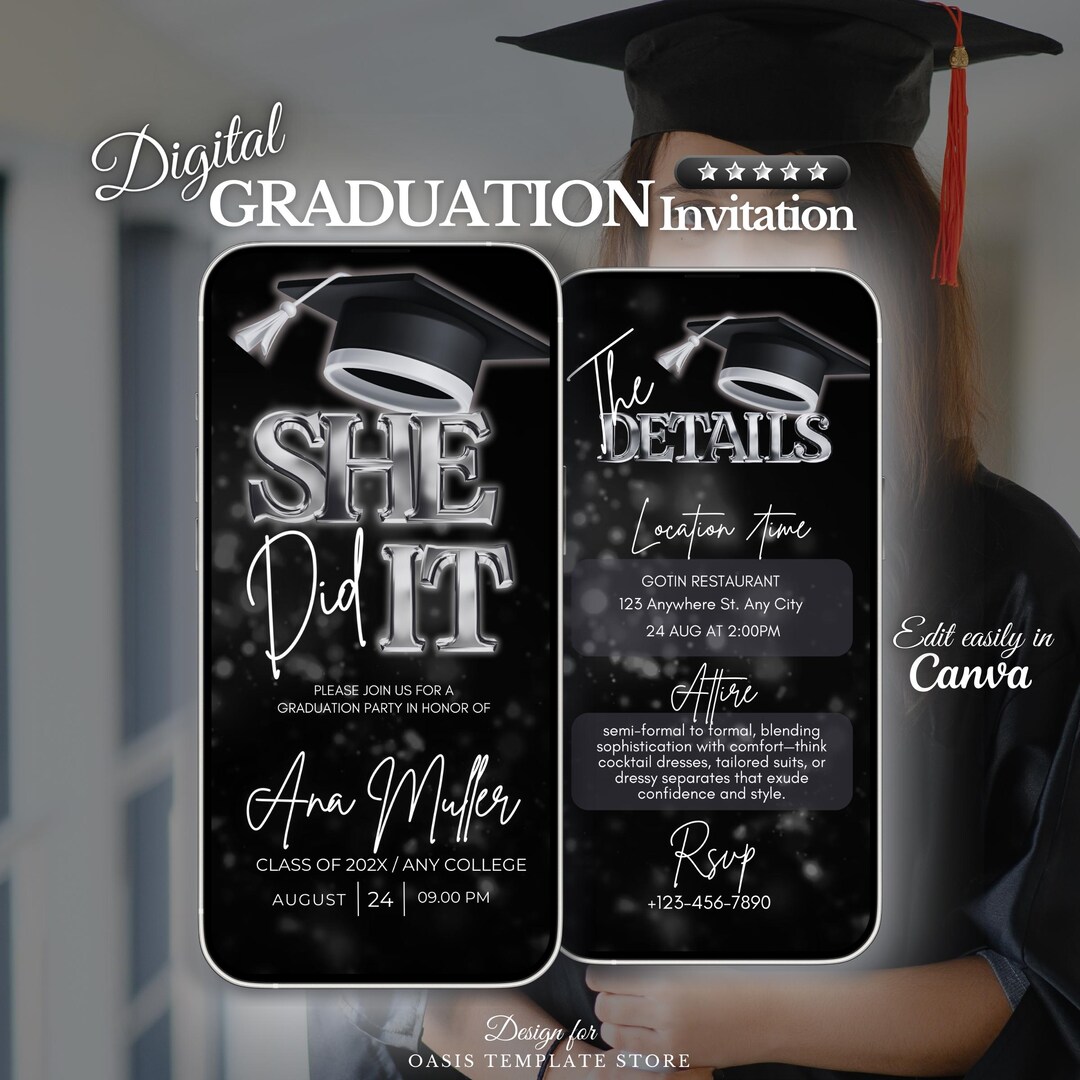 Silver Digital Graduation Party Invite, She Did It Grad Invitation, College  Graduate Announcement, She Did It Editable Graduation Template - Etsy, image size:1080x1080