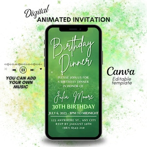 Digital Birthday dinner Video Invitation, green editable Birthday template, Animated invitation, Editable Dinner invitation, Dinner Party