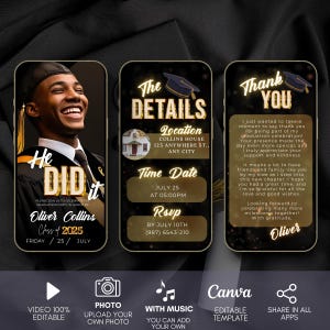 May include: A black and gold graduation invitation with a photo of a smiling graduate wearing a cap and gown. The invitation includes the text "He Did It", "Oliver Collins", "Class of 2025", "Friday / 25 / July", "The Details", "Location", "Collins House", "123 Anywhere St., Any City", "Time Date", "July 25", "At 05:00PM", "RSVP", "By July 10th", "(987) 6543-210", "Thank You", "I just wanted to take a moment to say thank you for being part of my graduation celebration! Your presence made the day even more special, and I truly appreciate your support and kindness. It means a lot to have friends and family like you by my side as I step into this new chapter. I hope you had a great time, and I'm so grateful for all the love and good wishes. Looking forward to celebrating many more milestones together! With gratitude, Oliver".