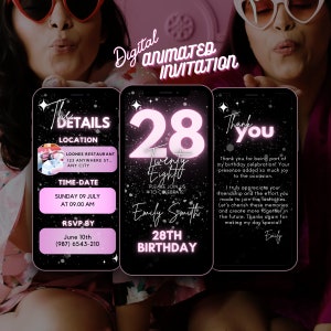 Editable 28th Birthday video invitation, party invitation, twenty eight animated invite, Canva pink birthday invitation template, 28th party