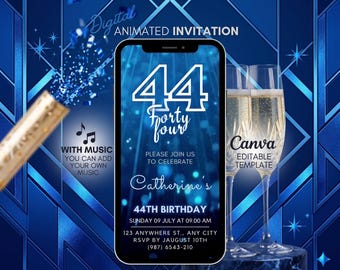 44th Birthday Video Invitation, Blue Glitter Canva Template (Editable), Mobile birthday party invite, animated invitation