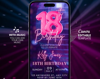 Editable 18th Pink Disco Birthday Invitation, Disco Party invitation, 18th digital invitation template, mobile Birthday disco invitation