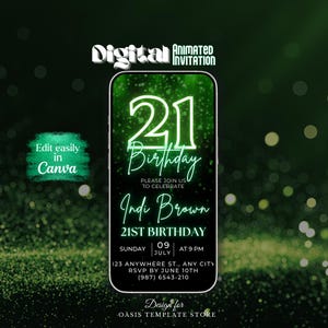 Digital 21st Birthday Video Invitation, Green Glitter digital Evite, 21st Phone Text Animated Template, Fifteen Invite, Birthday Card Design