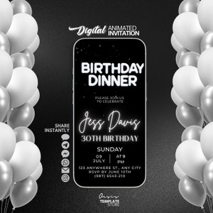 Birthday Dinner Digital video Invitation, Elegant Black and White Balloon Invitation Template, Message text evite, Dinner Party invitation
