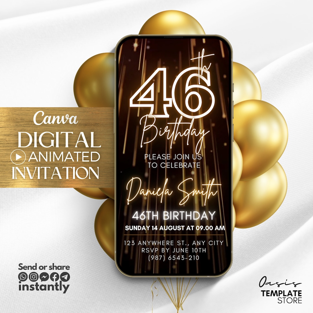 46th Birthday Invitation, Gold Glitter 46th Digital Invitation, Message ...