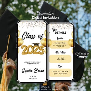 Invitación editable a la graduación de la clase de 2025, fiesta de graduación de la escuela secundaria, anuncio de graduación, despedida de la fiesta de graduación dorada, invitación digital