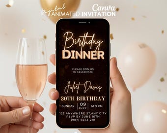 Animated Birthday dinner Invitation, Surprise Dinner Party Invite, Electronic Invitation for Phone, Rose Gold Neon Birthday, Canva Template