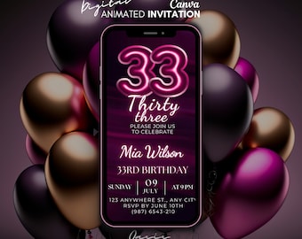 33rd Birthday Digital Invitation, Thirty three Party Video Invitation, Pink neon invitation, Animated invite, Message Text Evite, 33rd evite