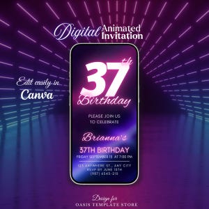 Editable 37th Birthday Invitation, 37th Pink Neon party invite, 37th animated video invite, 37th invitation template, 37th Party evite