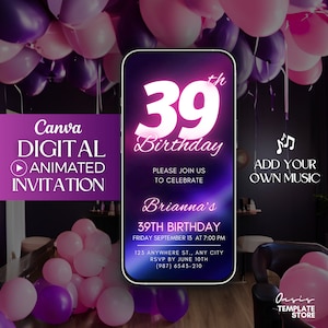 39th Birthday Invitation, 39th Pink Neon Digital Invitation, video invite, 39th invitation template, Thirty nine Birthday Party evite