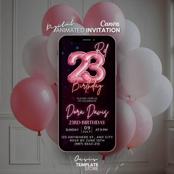 Digital 23rd Birthday Invitation, Pink balloons video Invite, 23rd Mobile animated invite editable, birthday template, 23rd invitation