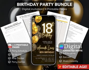 Birthday Party Bundle, Gold Black Animated Invitation, Editable Age Canva Template, Digital Invite, 4 Printable Pages party planner