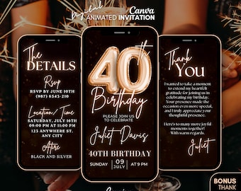 Forty 40th Birthday video Invitation, Bronze Gold Digital Invitation, 40th mobile invitation, canva template invite, 40th digital invitation