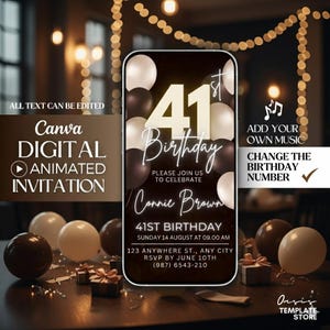 Elegant 41st Birthday Animated Video Invitation Canva, Luxury Black and Gold Digital Invite for Men Women, Electronic Phone Invite, DIY SMS
