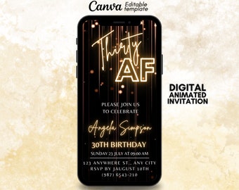 Birthday AF video Invitation, Black Gold invite, Canva video invite, Electronic Phone Text Evit, Thirty AF 30th | CHANGE Birthday number