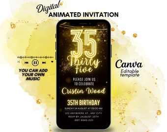 35th birthday video invitation, animated digital invite, mobile party invite, canva template invitation | All text and number can be edite