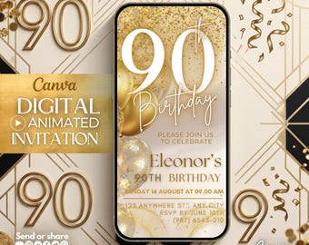90th Birthday Video Invitation, Gold Glitter Canva Template (Digital Download), canva digital invitation, mobile party template