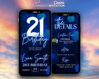 Invito digitale per il 21° compleanno, invito mobile Twenty One, modello di invito digitale Blue Glitter, invito per feste con testo blu, invito per il 21° compleanno