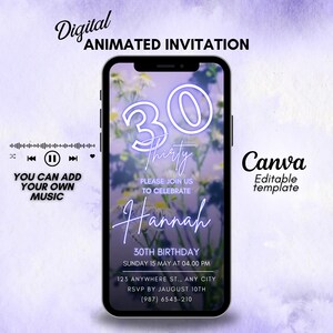 Puede incluir: Una invitación animada digital para una fiesta de cumpleaños número 30. La invitación presenta un fondo morado con un patrón floral y un número 30 rosa neón. El texto "Thirty" está escrito en cursiva debajo del número. La invitación también incluye el texto "Por favor, únase a nosotros para celebrar Hannah 30 cumpleaños Domingo 15 de mayo a las 4:00 PM 123 Anywhere St., Any City RSVP antes del 10 de agosto (987) 6543-210". La invitación está diseñada para ser utilizada en Canva.