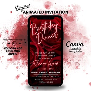 May include: Digital animated invitation with a red rose background. The text reads "Birthday Dinner" and includes details for Eleanor Wood's 35th birthday celebration. The invitation is designed to be used on Canva.