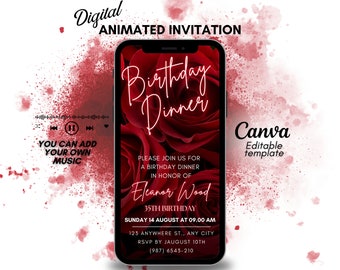 Video Birthday Dinner Invitation for Women's Celebration, Rose invitation, animated invitation party, Dinner invite, Red digital invitation
