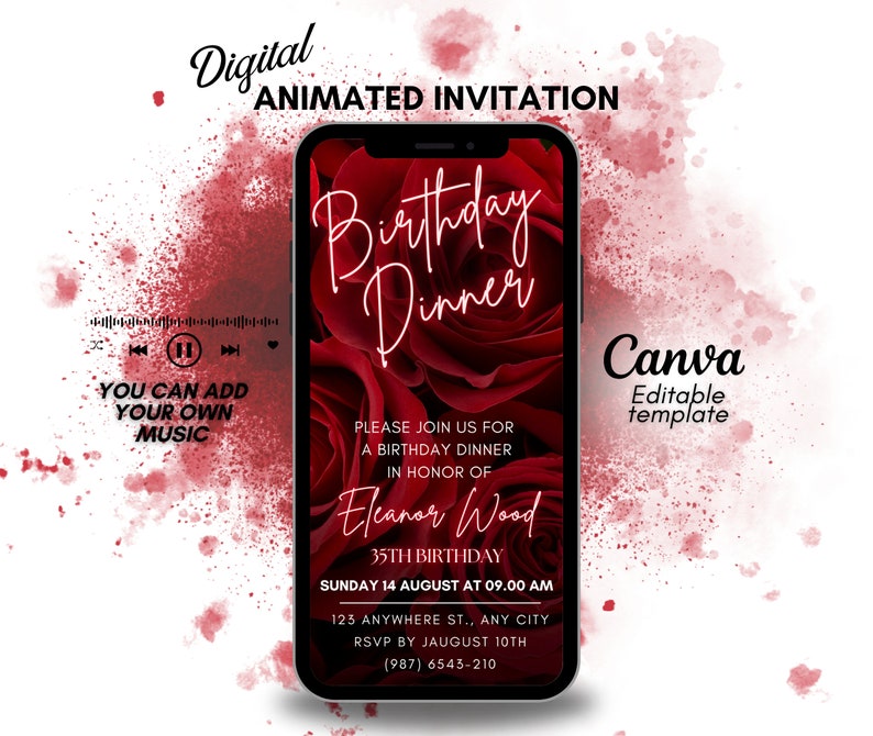 May include: Digital animated invitation with a red rose background. The text reads "Birthday Dinner" and includes details for Eleanor Wood's 35th birthday celebration. The invitation is designed to be used on Canva.