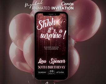 Shhh It's a Surprise Birthday Digital invitation, editable video invite, party animated invitation, Rose glitter invitation, Surprise evite