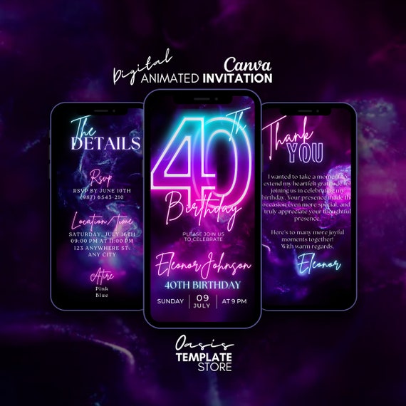 Digital 40th Birthday Invitation, Neon Pink Forty 40th video Invitation, Party Animated invitation, Message Text evite, 40th invitation