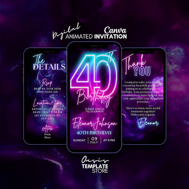 May include: A digital animated invitation for a 40th birthday party. The invitation features a neon pink and blue 40 with the text "40th Birthday" and "Eleonor Johnson". The invitation also includes details about the event, such as the date, time, and location.