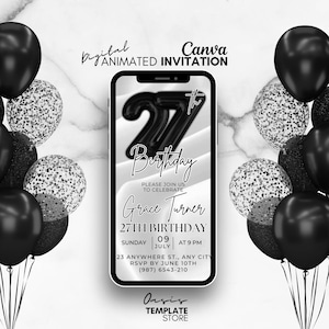 Digital 27th Birthday Invitation, Black balloons Invitation, 27th Mobile Party invitation, Editable birthday template, 27th party invitation