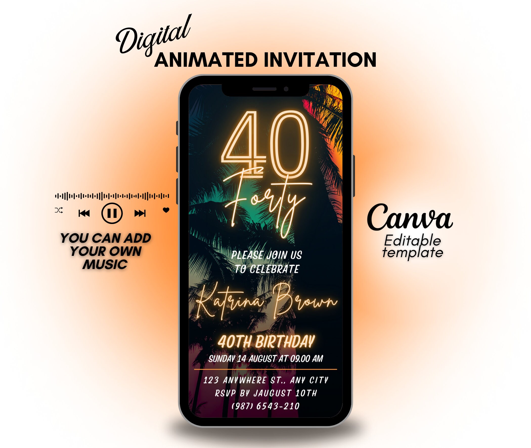 40th Tropical invitation template, 40th birthday invitation, Digital 40th invitation template, editable invite, digital card invitation