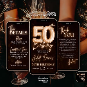 Fifty 50th Birthday video Invitation, 50th Bronze Gold Digital Invitation, mobile invitation, canva template invite, 50th party invitation