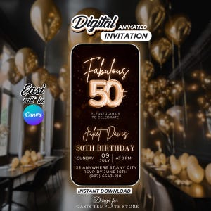 Fabulous 50th Birthday video Invitation, 50th Gold Digital Invite, mobile party invitation, 50th digital evite, canva invitation template