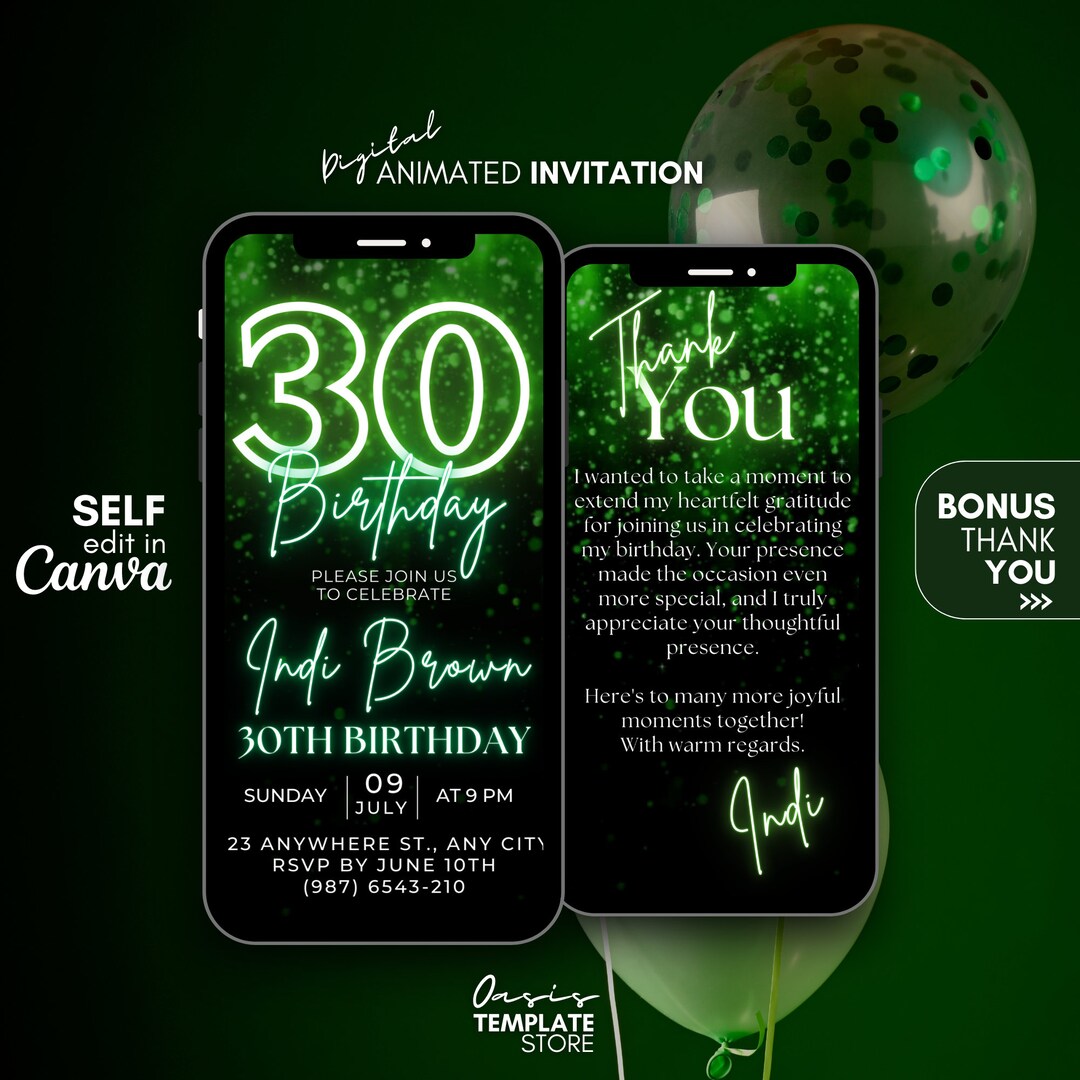 30th Birthday Video Invitation, Green Glitter Invitation, Phone Text ...