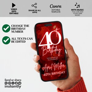 Forty 40th Birthday video Invitation, Red Glitter Digital Invitation, animated invite, 40th digital invitation template, 40th invitation image 5