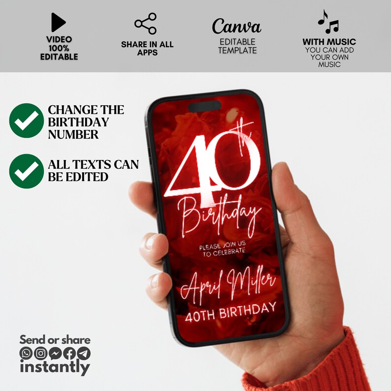 Forty 40th Birthday video Invitation, Red Glitter Digital Invitation, animated invite, 40th digital invitation template, 40th invitation image 5